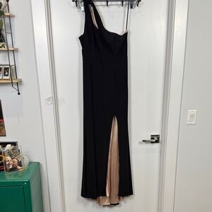 Aqua Formal Black One Shoulder Dress with Nude Accent